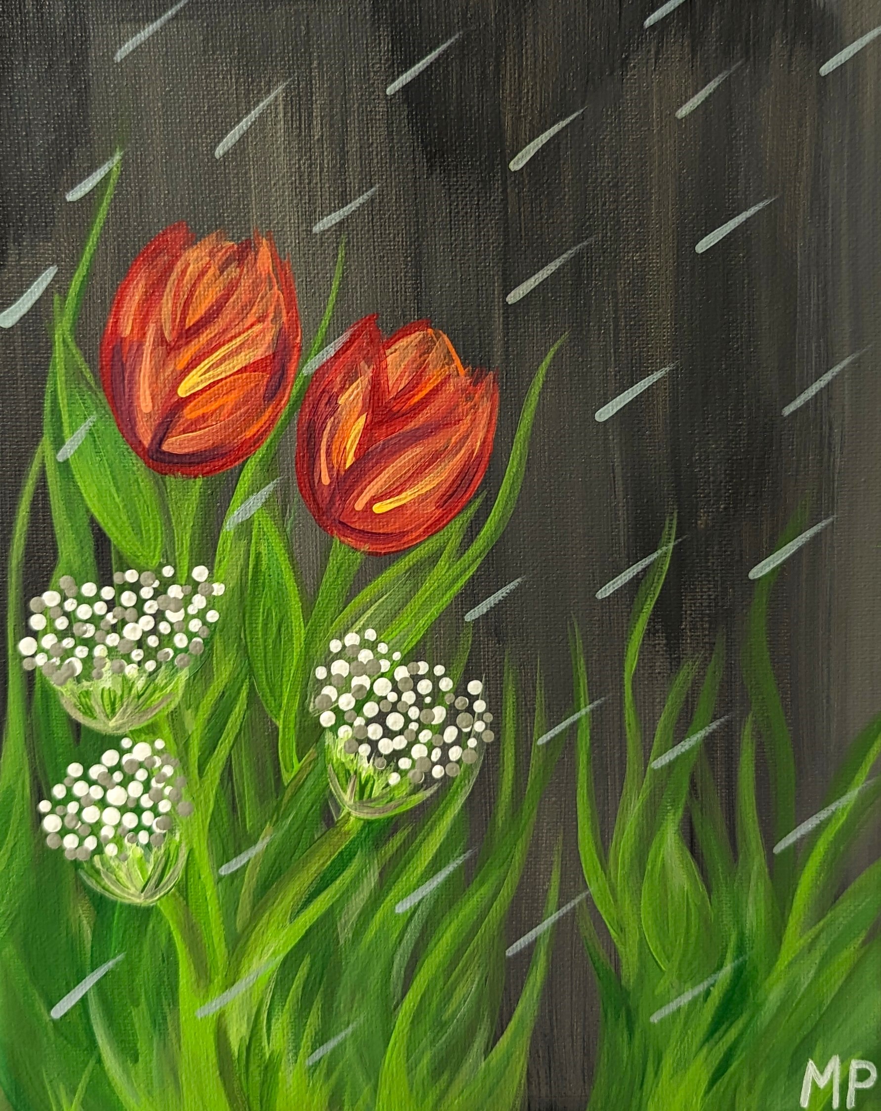 Rainy spring day with gray background and white and red flowers.