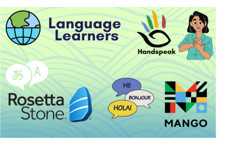 Image: Logos for Handspeak, Rosetta Stone, and Mango (Language Learning apps)