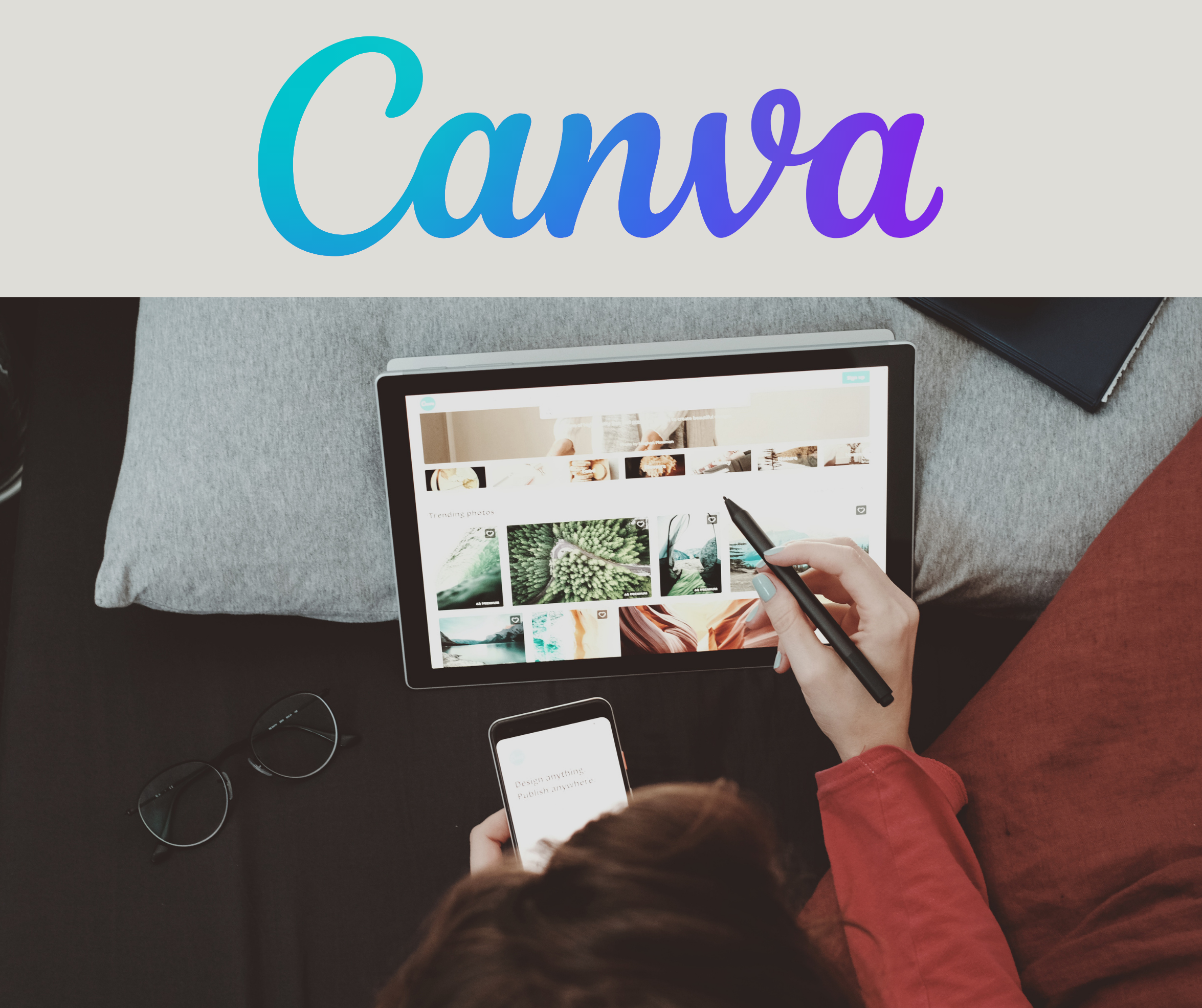 Text: Canva. Images shows a woman using the Canva program on a desktop computer.