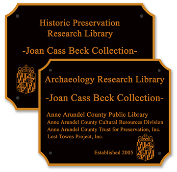 Library plaques: Historic Preservation Research Library, Archaeology Research Library: Joan Cass Beck Collection