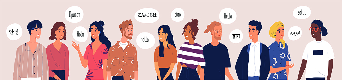 Graphic of diverse group of people speaking in various languages
