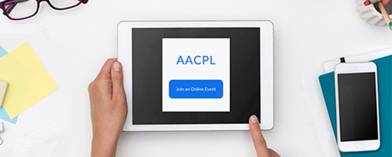 Person on tablet with text "AACPL - Join an Online Event"