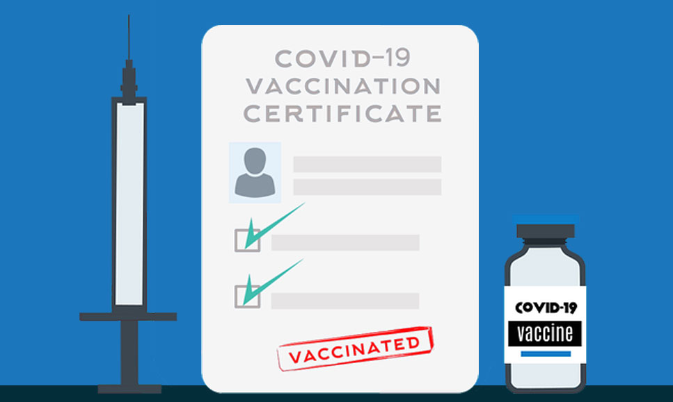 Covid-19 Vaccine Certificate, hypodermic needle and vaccine vial.