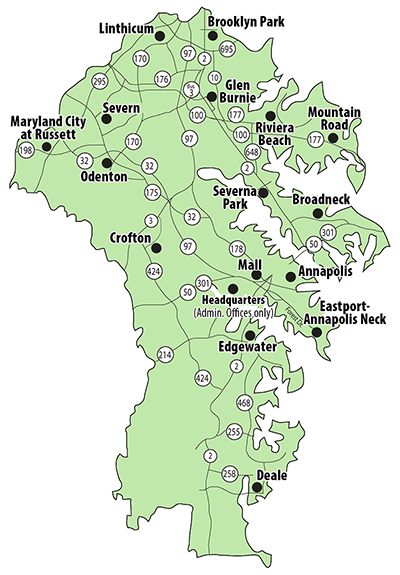 Anne Arundel County Map with all library locations