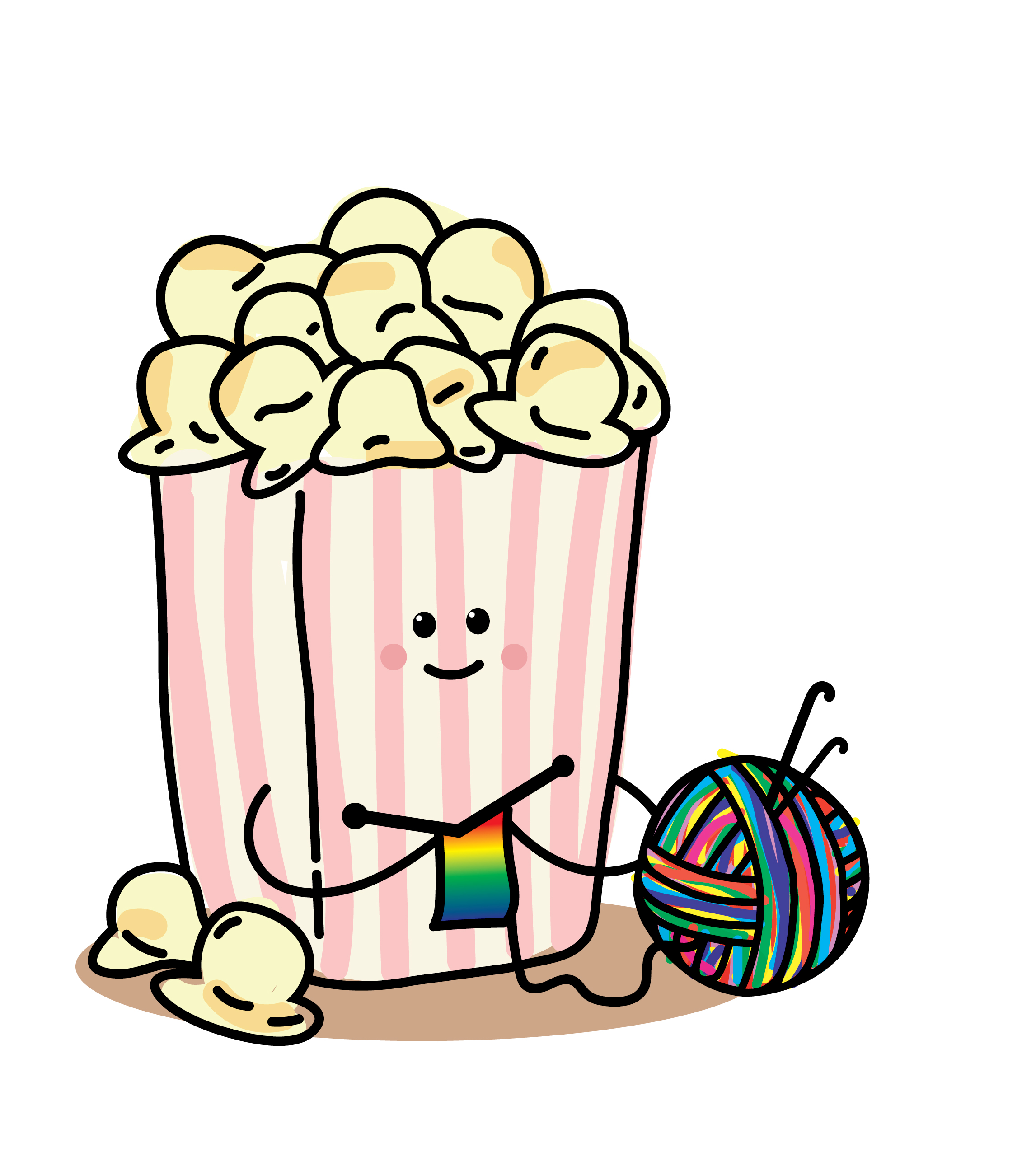 Cartoon style bag of movie popcorn crafting with rainbow yarn