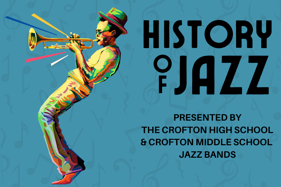 Person blowing trumpet passionately. Graphic reads "History of Jazz Presented by the Crofton High School and Crofton Middle School Jazz Bands"