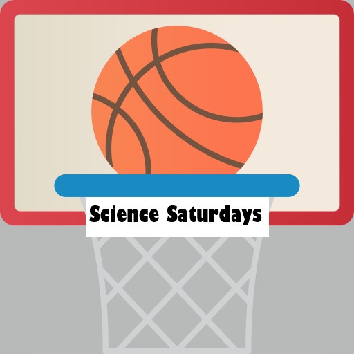 clip art of basketball and hoop with the words "Science Saturdays"