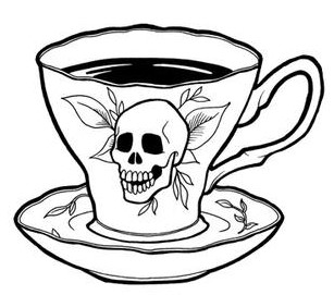 Teacup with skull and leaves graphic on saucer