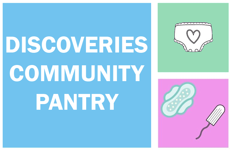 Discoveries Community Pantry image contains a tampon and a menstrual pad. Also included is a diaper with a heart.