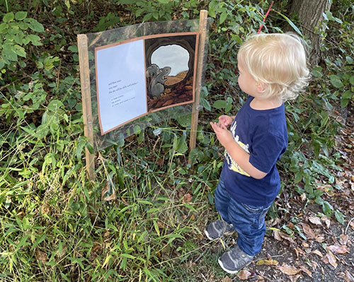 A toddler is looking at a book page posted on a sign on a path in a woods.
