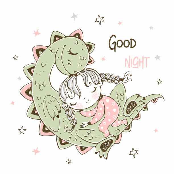 Sleepy girl and dinosaur