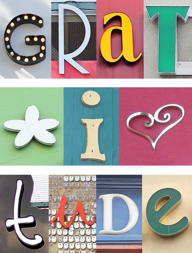 each letter of "gratitude" separately photographed in may colors