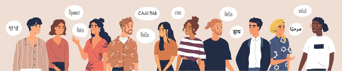 Graphic of diverse group of people speaking in various languages