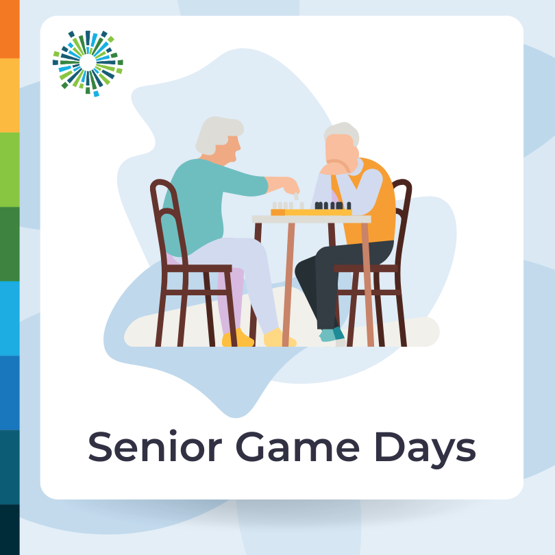 Senior Game Days with picture of older couple playing chess