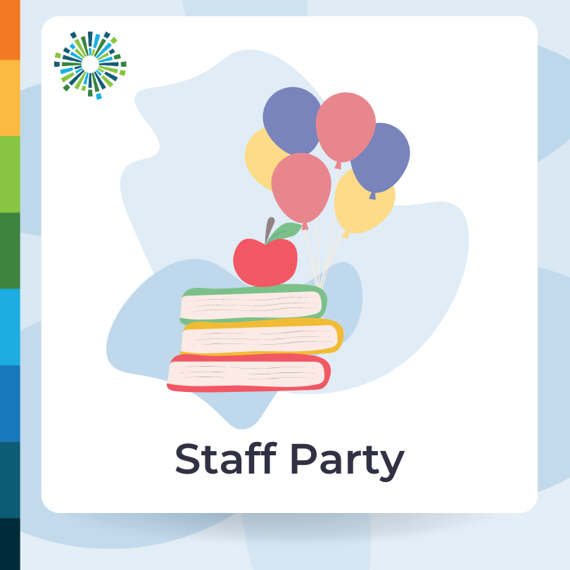 Staff Party with picture of stack of books, apple, and balloons
