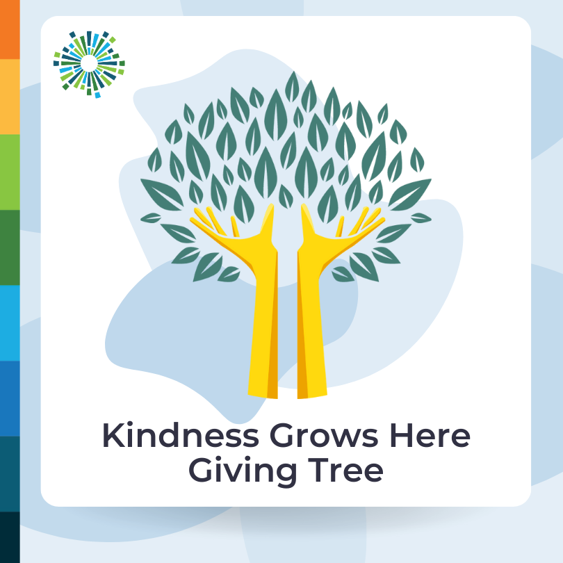 Kindness Grows Here Giving Tree with a picture of a tree where the trunk is two arms reaching up