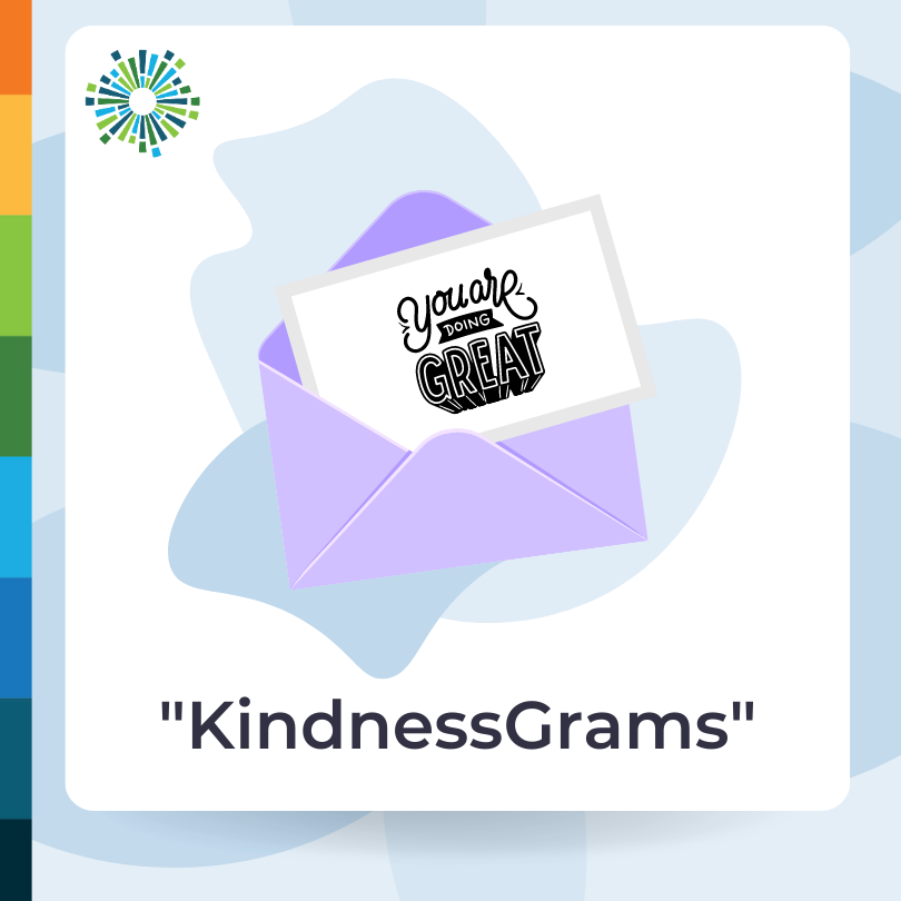 "KindnessGrams" with picture of purple envelope that has an inspirational note in it