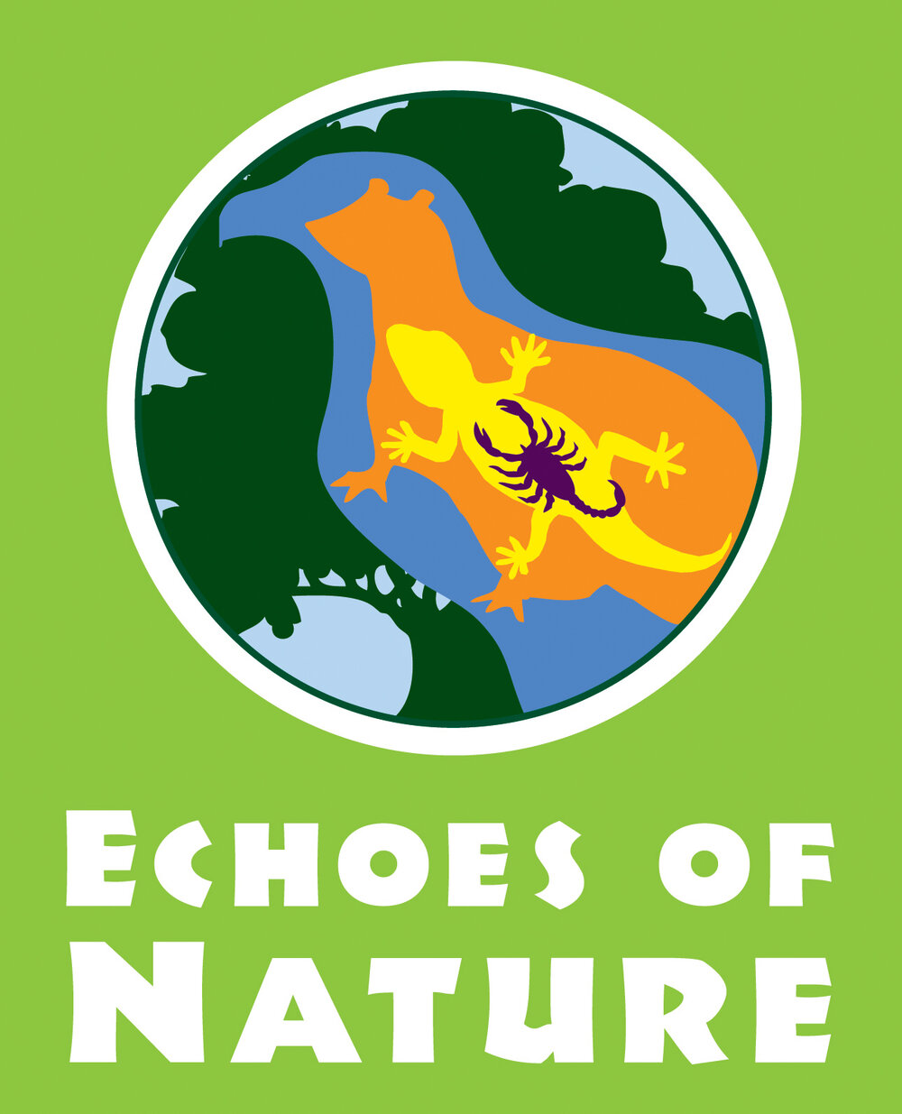 Echoes of nature logo. A green background with a circle in the middle. In the circle, there is tree, eagle. otter, lizard, and scorpion inside. 