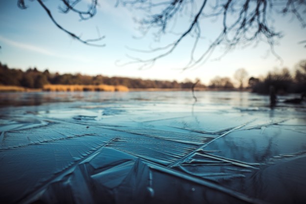 Partially frozen water on a lake.