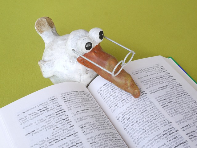 A goofy looking bird with glasses reading a dictionary.