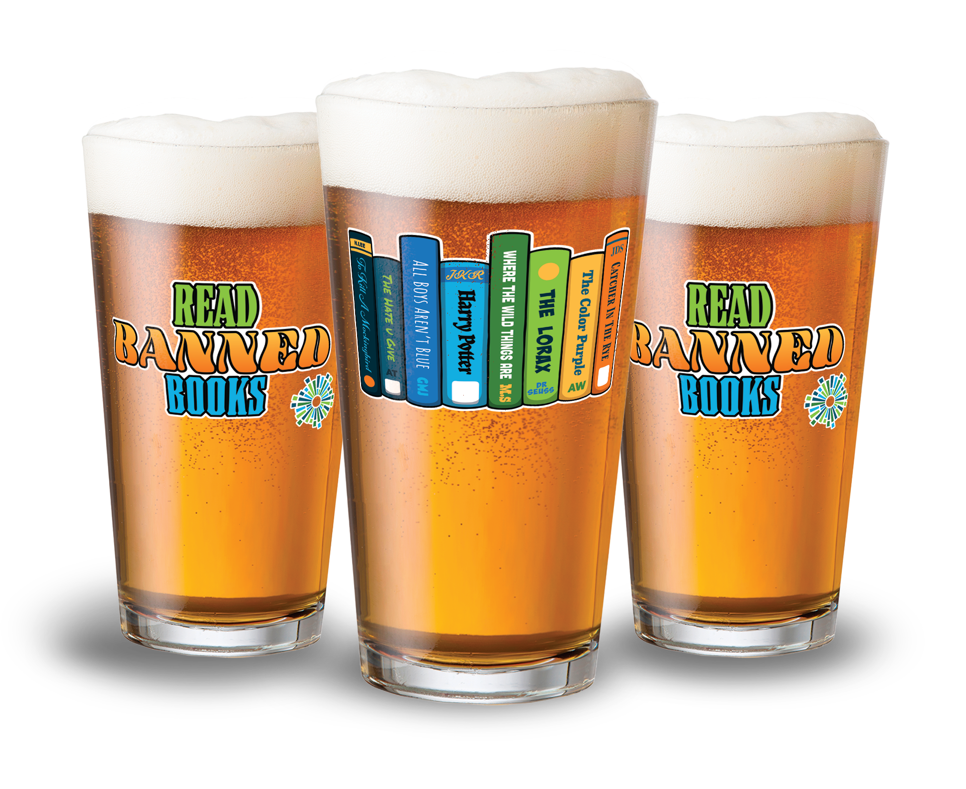 Image of three glasses of beer with designs that say "READ BANNED BOOKS" and have book images on them.