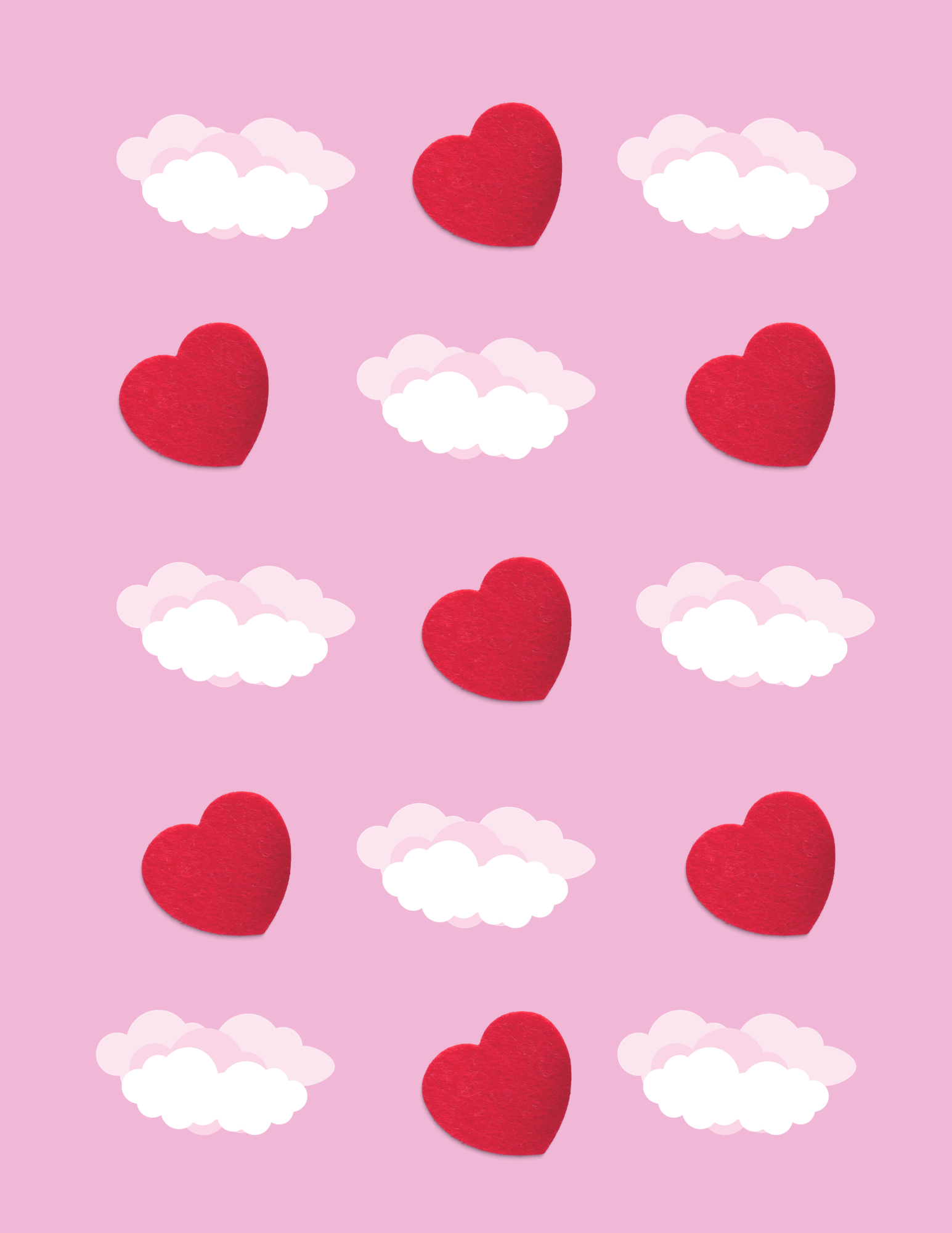Pink background with clouds and red hearts.
