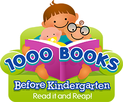 1000 books before kindergarten logo with a child peering over a book