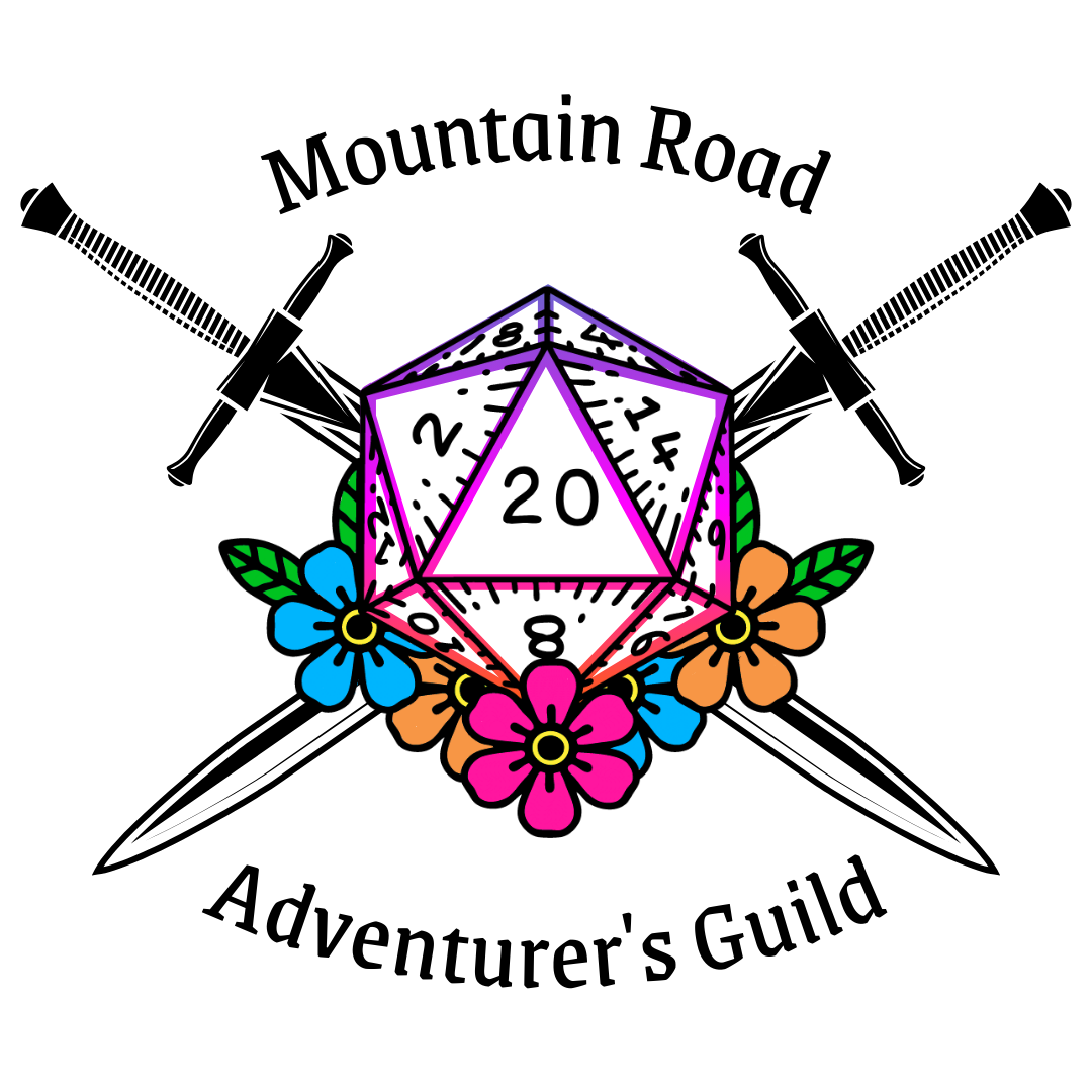 A twenty-sided die superimposed over crossed swords with the words Mountain Road Adventurer's Guild above and below.