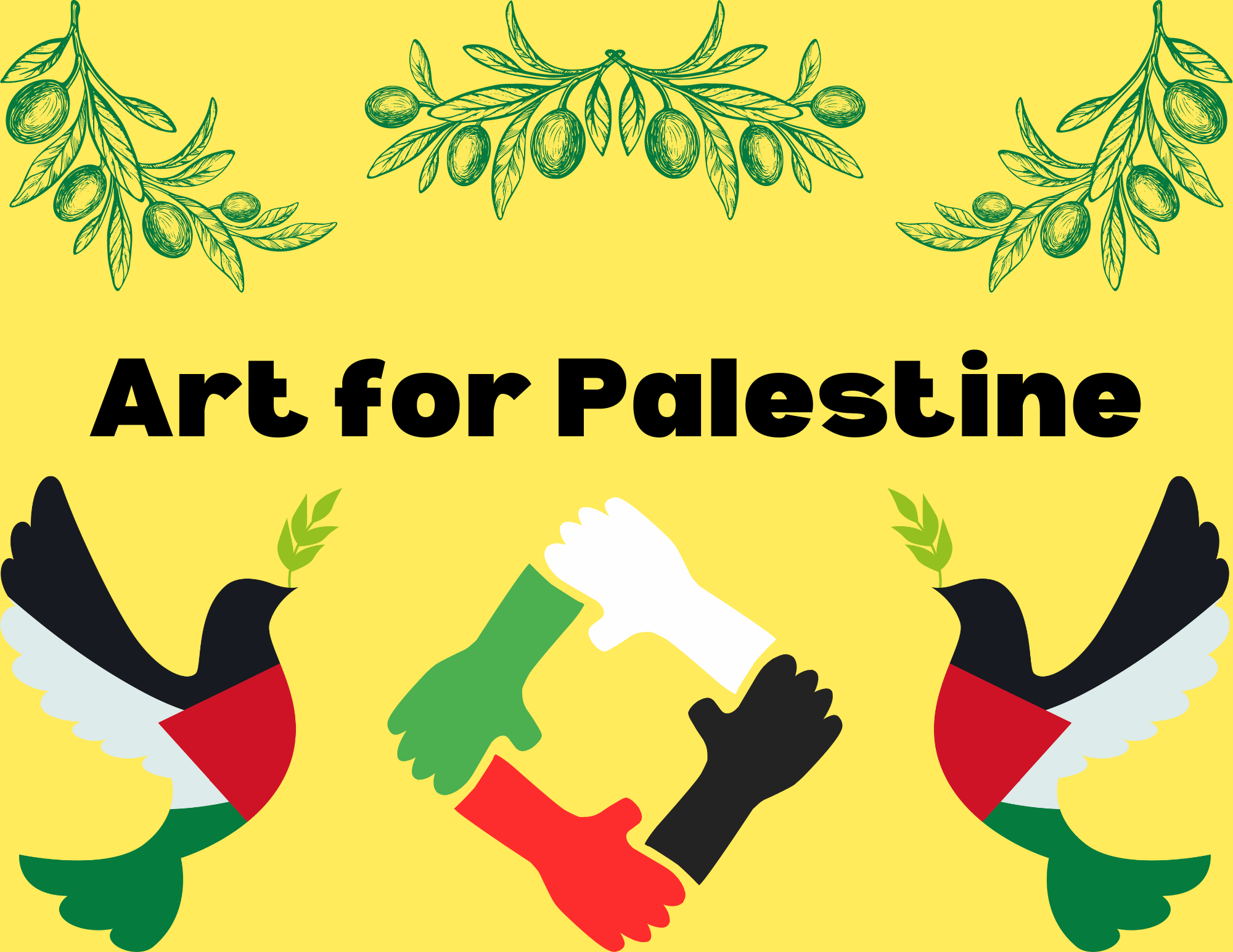 Image of olive branches and the Palestinian flag, with the title "Art for Palestine"