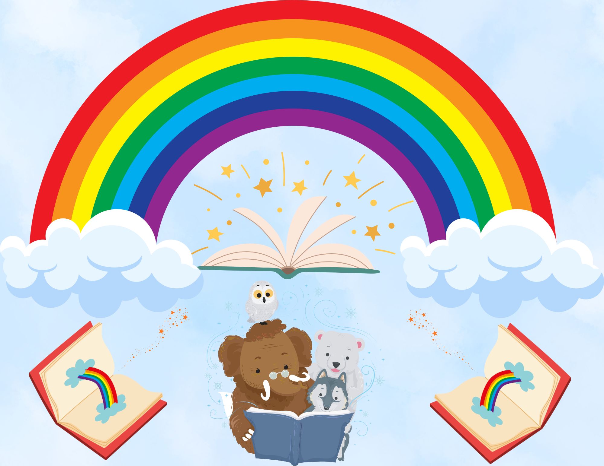 A family of various animals reading a story together under a rainbow with books around them. 