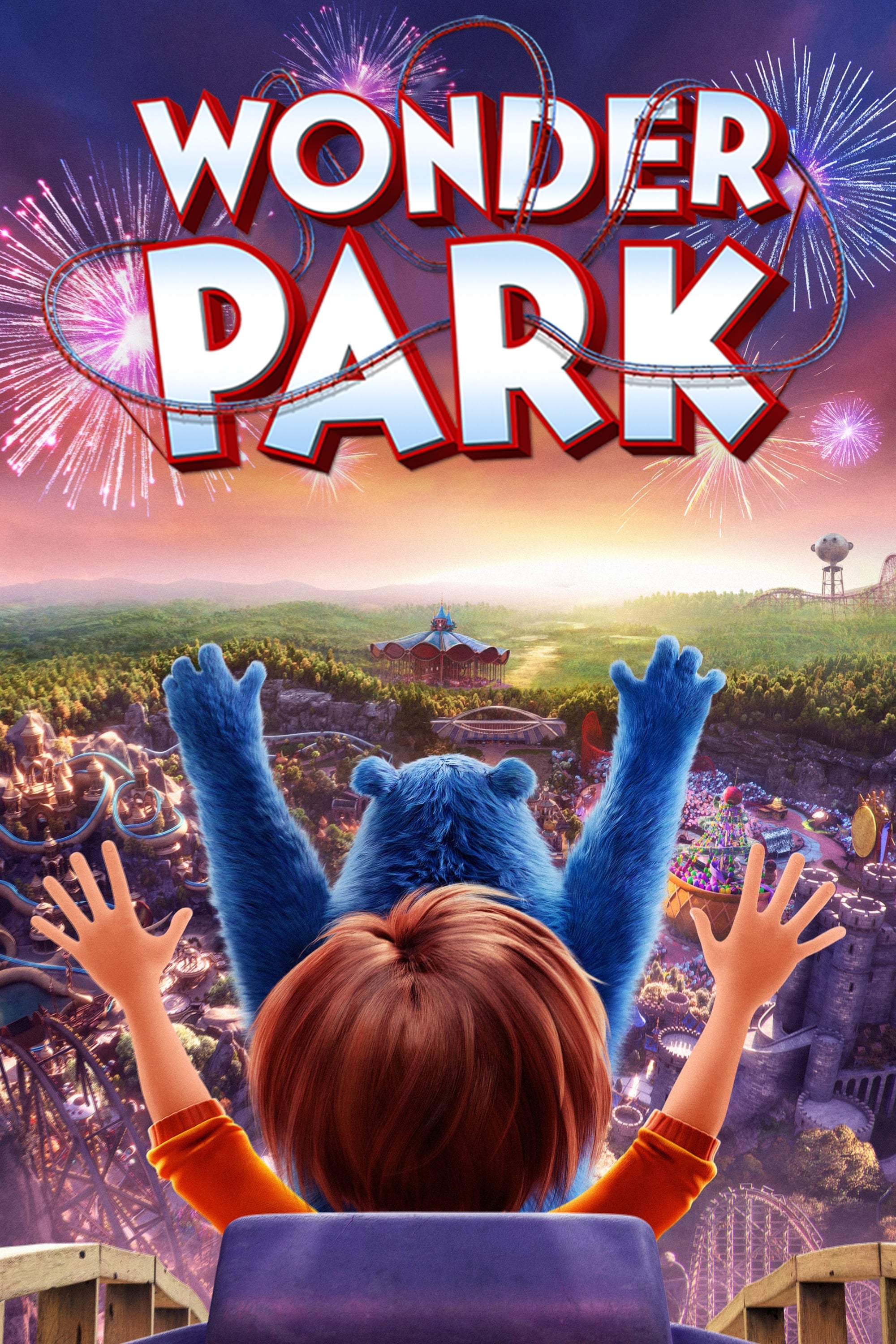 graphic: wonder park movie promo, girl and blue bear riding on a rollercoaster