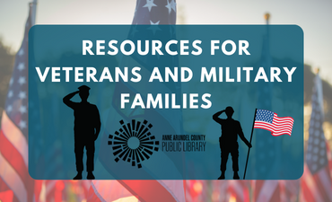 Text: "Resources For Veterans and Military Families" Image: Two veterans, an American flag, and the AACPL logo over a background image of American Flags.