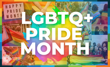 LGBTQ+ Pride Month graphic with rainbow colors and pictures of pride month celebrations