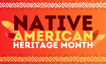 Native American Heritage Month, red and orange background with bold fonts in brown and yellow and colored feathers and native american style pattern.