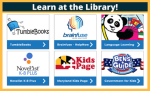 An image of library resources for young learners with a caption that says, "learn at the library!"