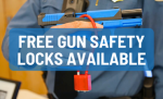 Image of police officer holding fake gun with lock on it, text box says "FREE GUN SAFETY LOCKS AVAILABLE"