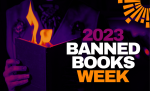 Text: 2023 Banned Books week. Oct 1-7. Image: A man reads a book that is on fire. 