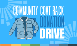 Community Coat Rack Donation Drive. Blue background with white text and a graphic image of a blue coat.