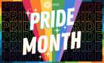 Colorful graphic with the words "PRIDE MONTH" displayed in large letters, set against a rainbow background that represents the LGBTQ+ pride flag and the Anne Arundel County Public Library logo.