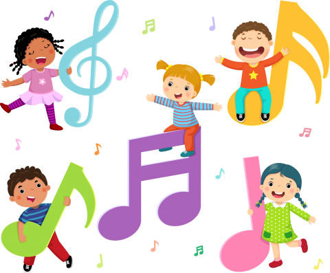 Five children dancing and singing with musical notes