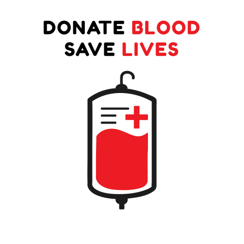 A image of a blood bag. Above the image is text reading "Donate Blood, Save Lives".