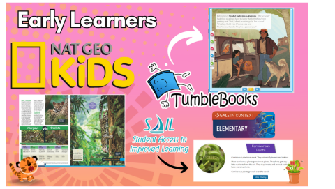 Image: Logos from Nat Geo Kids, Tumblebooks, SAIL, and Gale Elementary 