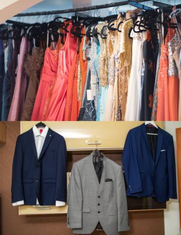 racks of formal dresses and suit jackets