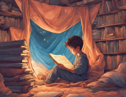 Little boy reading in a fort surrounded by books.