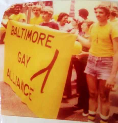 Baltimore Gay Alliance participating in New York City's Christopher Street Parade in 1976.
