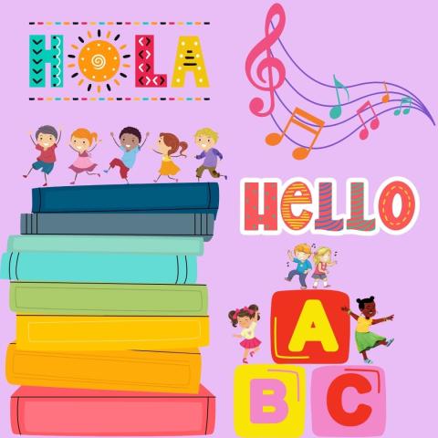 Children dancing on books and ABC blocks with music notes and the words "Hola" and "Hello" floating above them. 