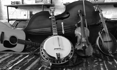 a set of traditional bluegrass instruments