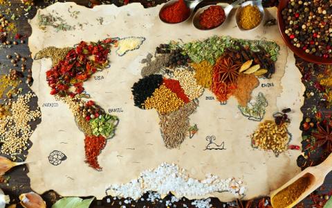 Artistic picture of the continents made out of seasonings. Rice, grains, beans and cooking utensils surround the map.