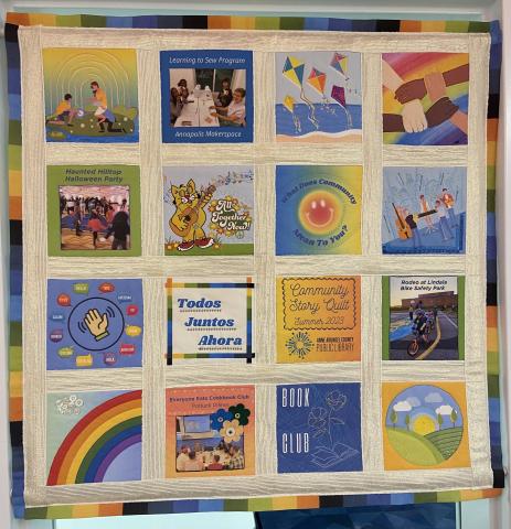 2023 Story Quilt; colorful squares made by last year's participants