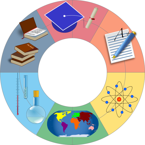 graphic: colorful circle with education related items such as graduation cap, notepad, and more.